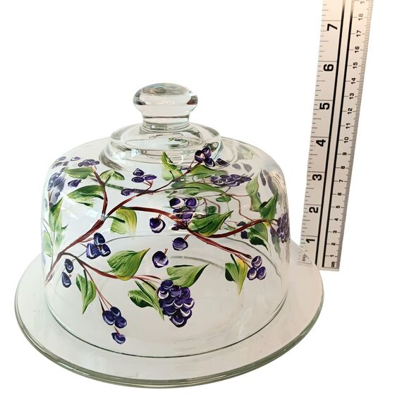 Glass Cheese Pastry Dome Handpainted Blueberry Floral Design With Glass Plate - Picture 13 of 13